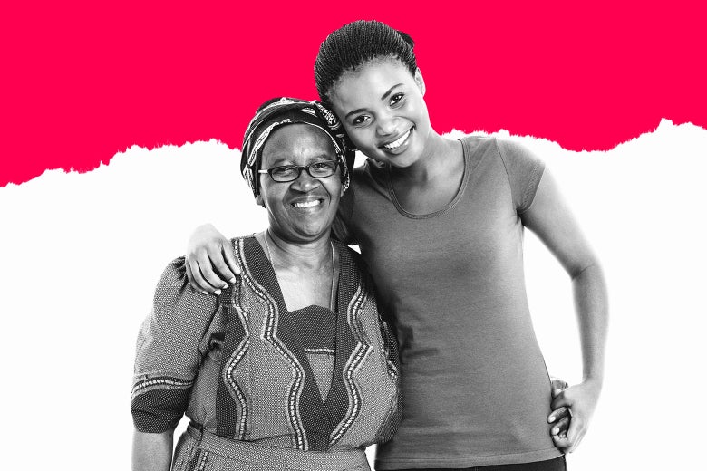 A twentysomething daughter smiling with her mom.